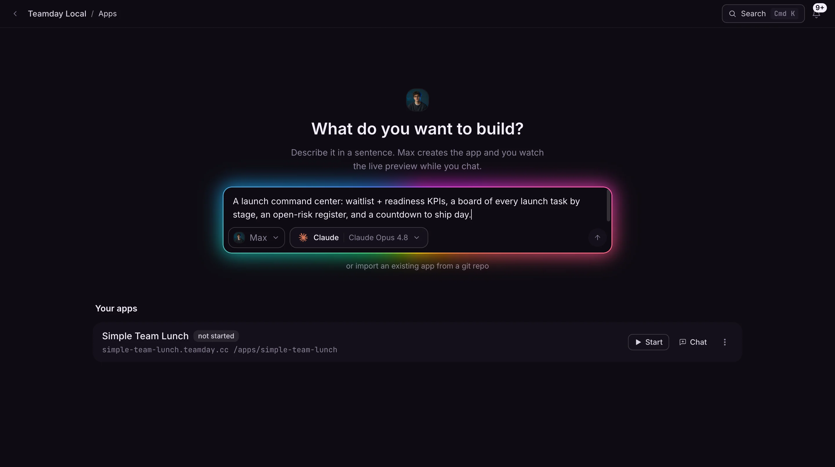 Teamday App Builder prompt screen