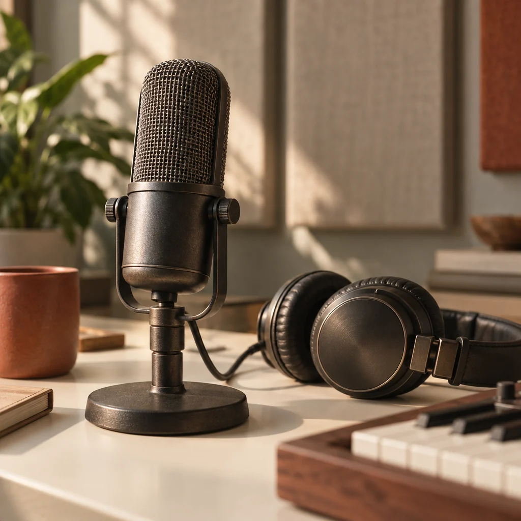 Microphone, headphones, and keyboard in a softly lit recording studio
