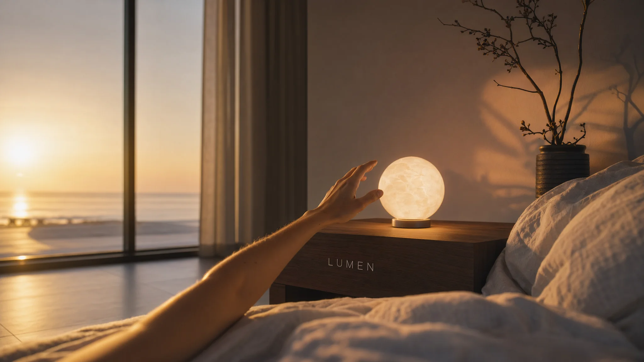 A glowing sculptural lamp in a sunlit room, created for the Lumen concept project